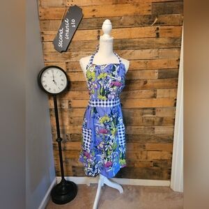 Blue gingham and floral  cottage apron with pockets size OS